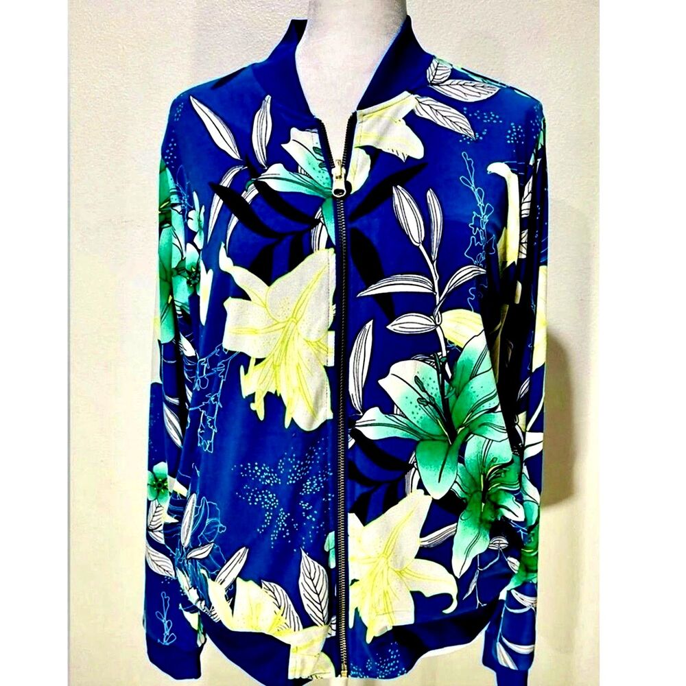 Iman reversible jacket full zip floral blue festive bohemian casual women L